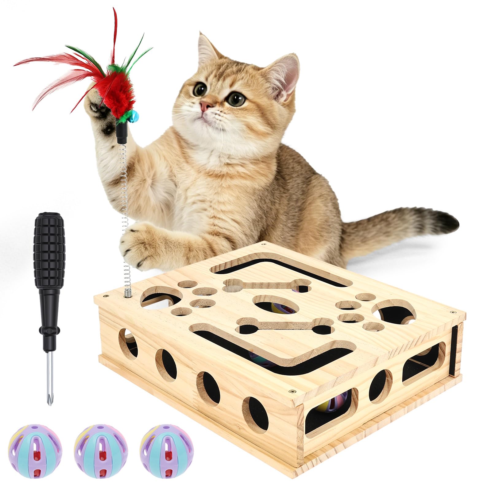 Cat Scratch Puzzle Enrichment Box, Wood Cat Nail File Box with Pet Teaser Wand Sandpaper Inside & 3 Balls, Interactive Wooden Cats Puzzle Toy Mental Stimulation Boxes for Indoor Pet Scratching — image 1