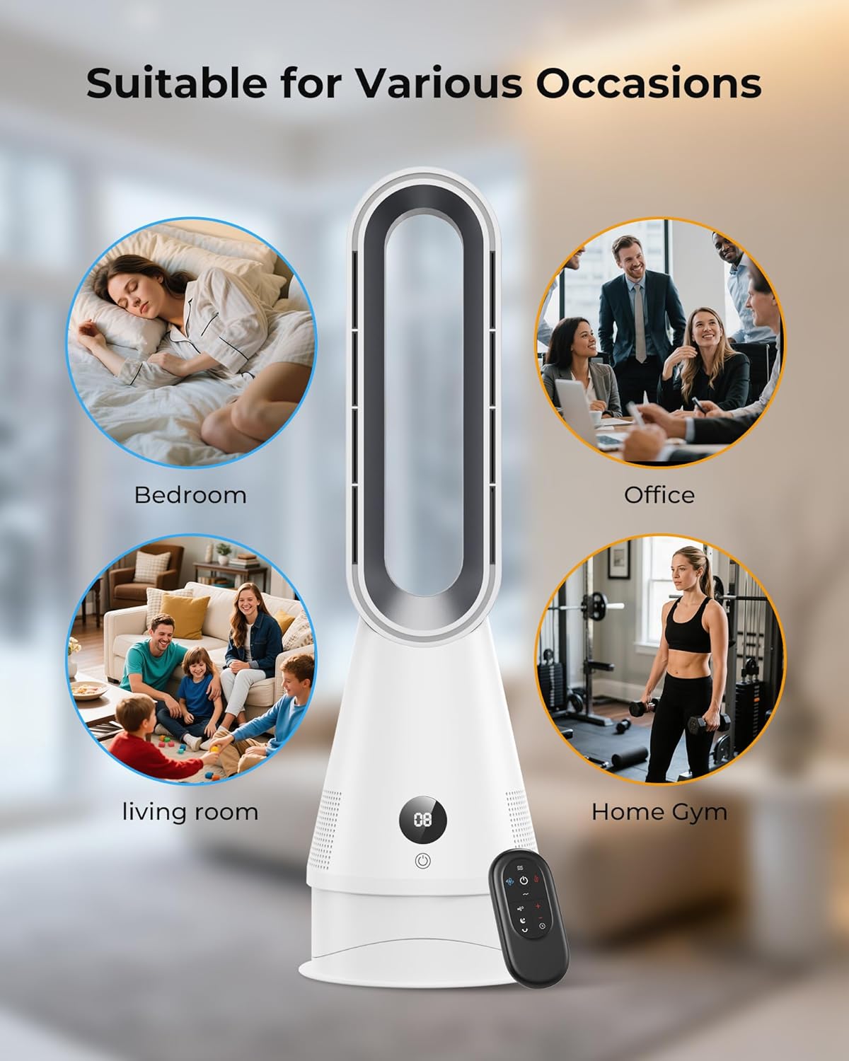 2-in-1 Bladeless Heater and Cooler Fan - 1600W Quiet Space Heaters & 8 Speeds Tower Fans with Remote, 80° Oscillation, 9H Timer, Touch Switch, Anti-Tipping Protection for Indoor Home Office