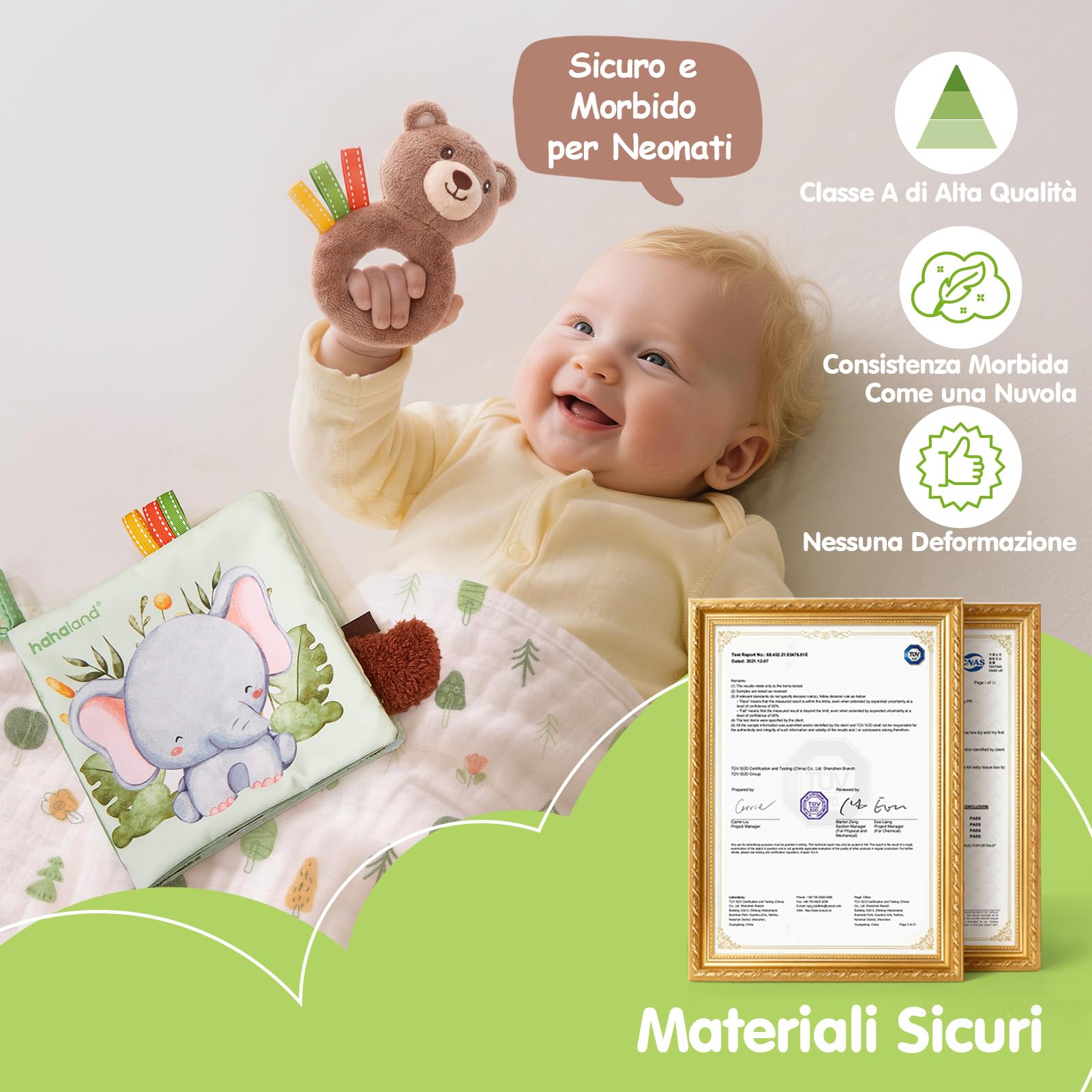 hahaland Regalo Nascita Bimba Bimbo - 9 in 1 Set Neonato Regalo Nascita con Libri Stoffa & Polso e Calzini Sonaglio Sensoriali & Mussole Neonato - kit Neonato per Baby Shower Unisex