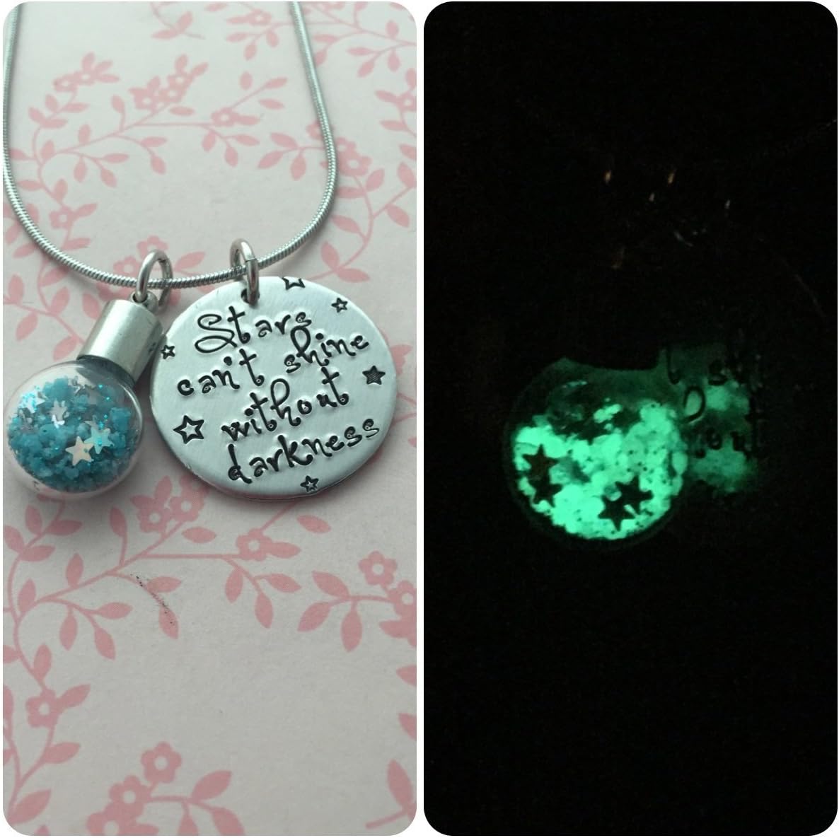 Glow in the dark fairy dust and teeny star glass vial with hand stamped disk,"Stars can't shine without darkness"