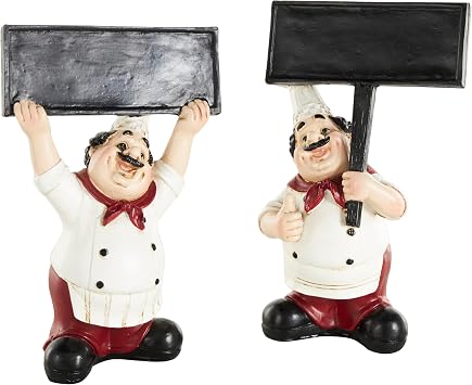 Deco 79 Polystone Chef Decorative Sculpture Kitchen Decorative Figurine Home Decor Statues with Chalkboard Signs, Set of 2 Accent Figurines 5" W, 8" H, White