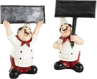 Deco 79 Polystone Chef Decorative Sculpture Kitchen Decorative Figurine Home Decor Statues with Chalkboard Signs, Set of 2 Accent Figurines 5" W, 8" H, White