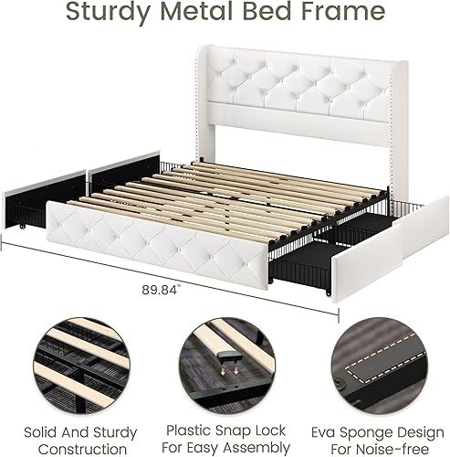 Miniatura 77 de LARMACE - Marco de cama tamaño King con 4 cajones de almacenamiento y cabecera tapizada con botones, cama de plataforma tapizada en lino con