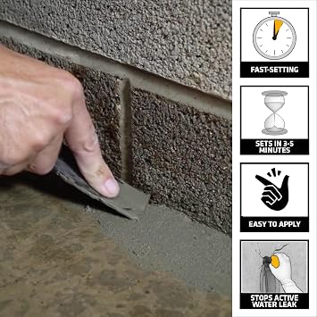 UGL DRYLOK Fast Plug Hydraulic Cement, 4 lb Stops Water Leaks Instantly, Sets in 3-5 Minutes, Ideal for Masonry Cracks, Gray