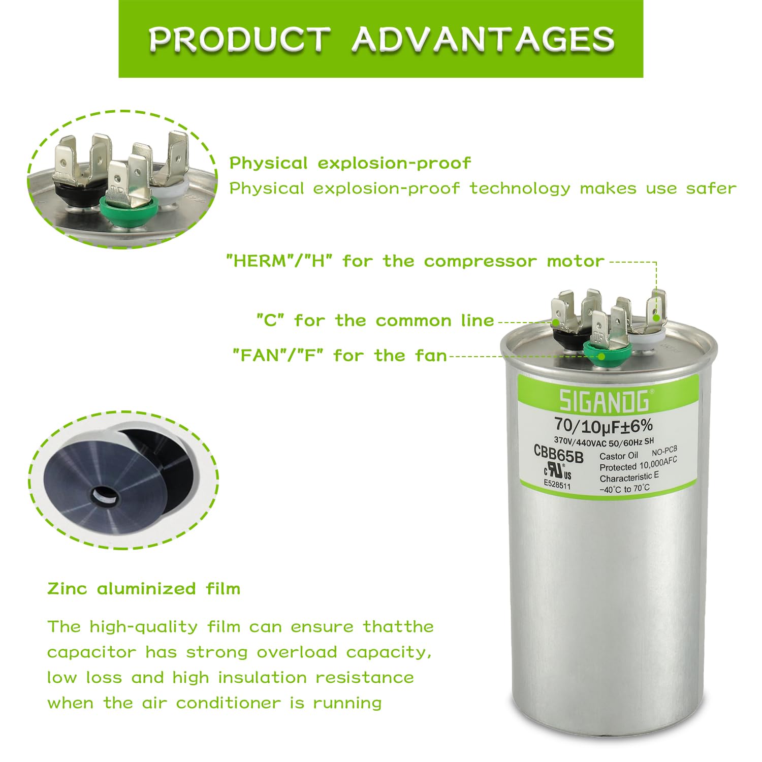 70/10 uF 70+10 MFD 370V or 440V CBB65 Dual Run Start Round Capacitor 70 10 uF MFD 370 440 Volt VAC for Condenser Straight Cool or Heat Pump Air Conditioner