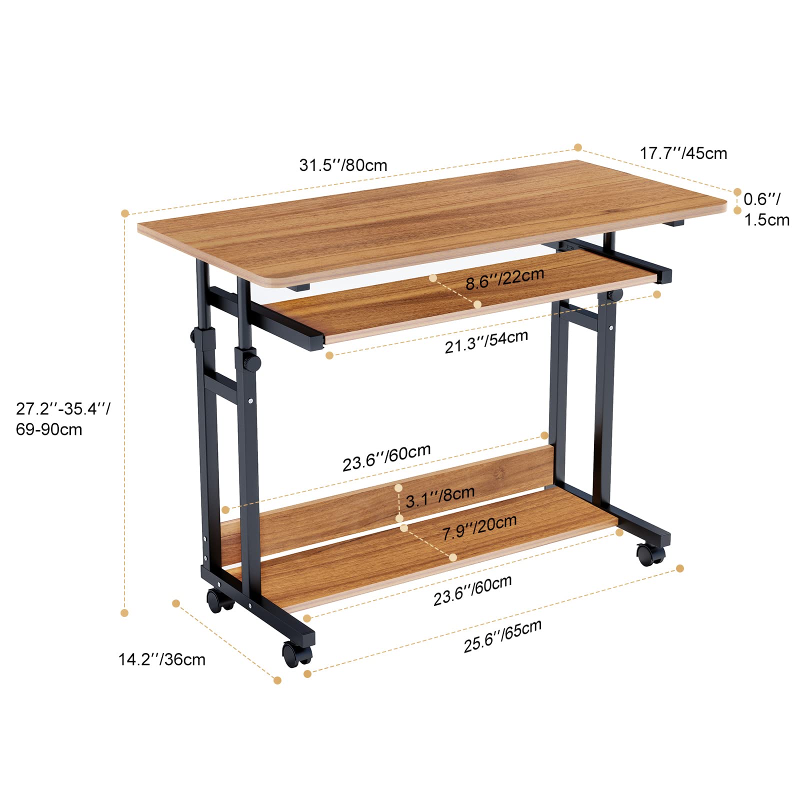 Dripex Bureau Mobile Réglable en Hauteur avec roulettes | 80x45cm, hauteur de 69 à 90cm, avec 2 étagères de rangement, pour le bureau, le bord du lit ou le canapé, Noyer
