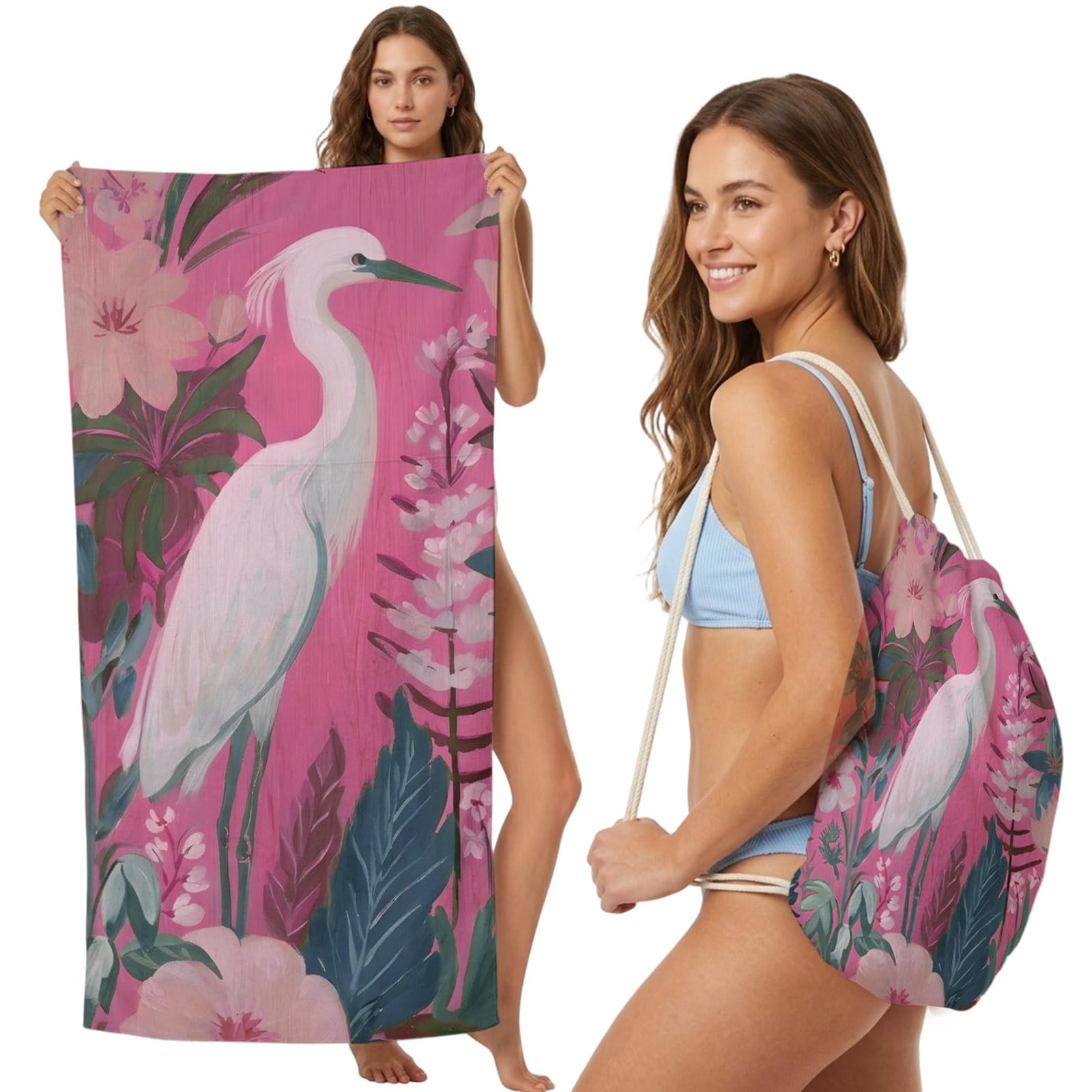 FWJZDSP Beach Towel Backpack, Animal White Egret 2-in-1 Foldable Soft Microfiber Quick Dry Beach Towel 31.5x63in Tropical Flowers on Pink Lightweight Pool Towels Bag for Travel, Yoga, Gym