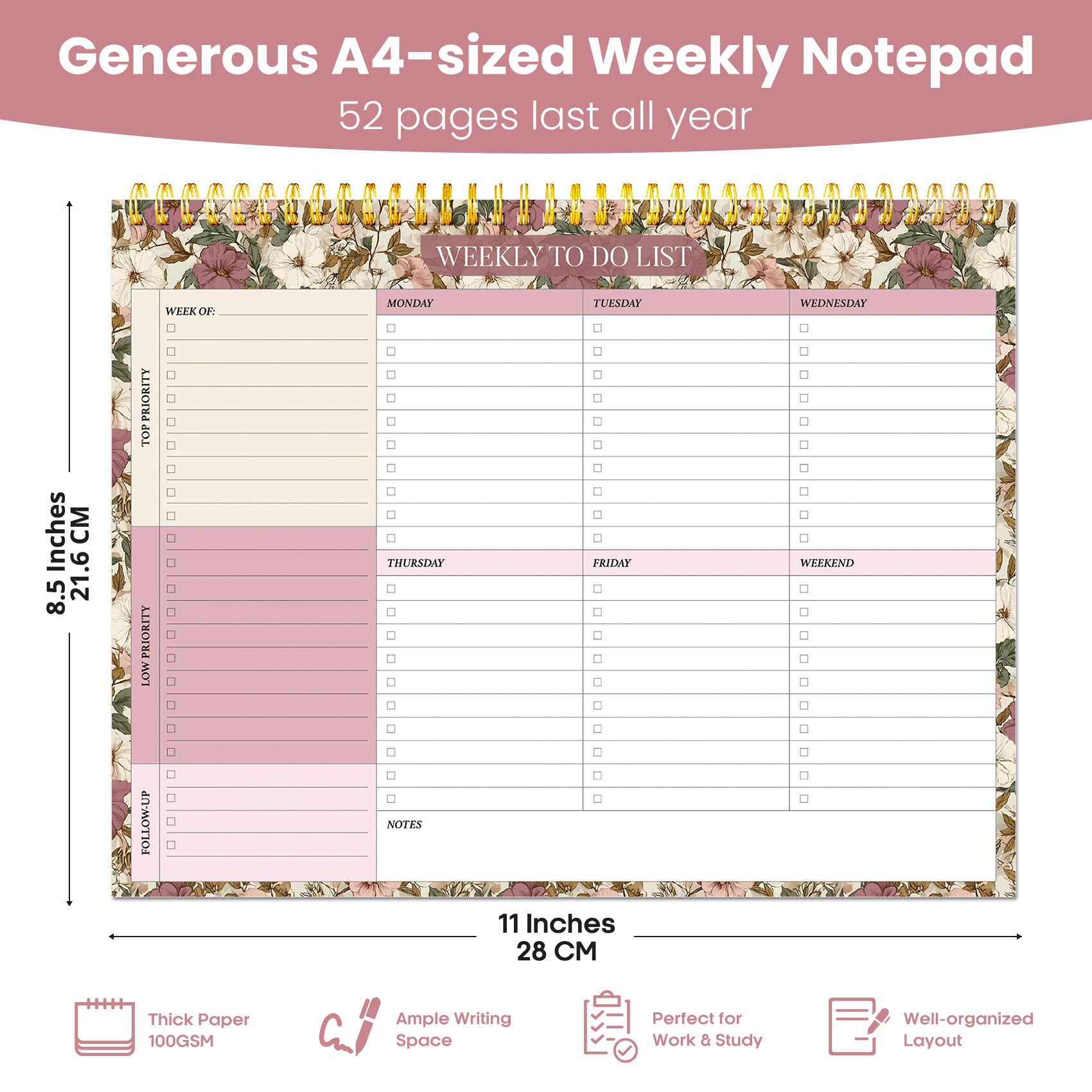 Wochenplaner mit 52 undatierten Blättern (21,6 x 27,9 cm), undatierter Wochenplaner, Notizblock für Büro-Schreibtischzubehör und Zubehör, Mauve Muse