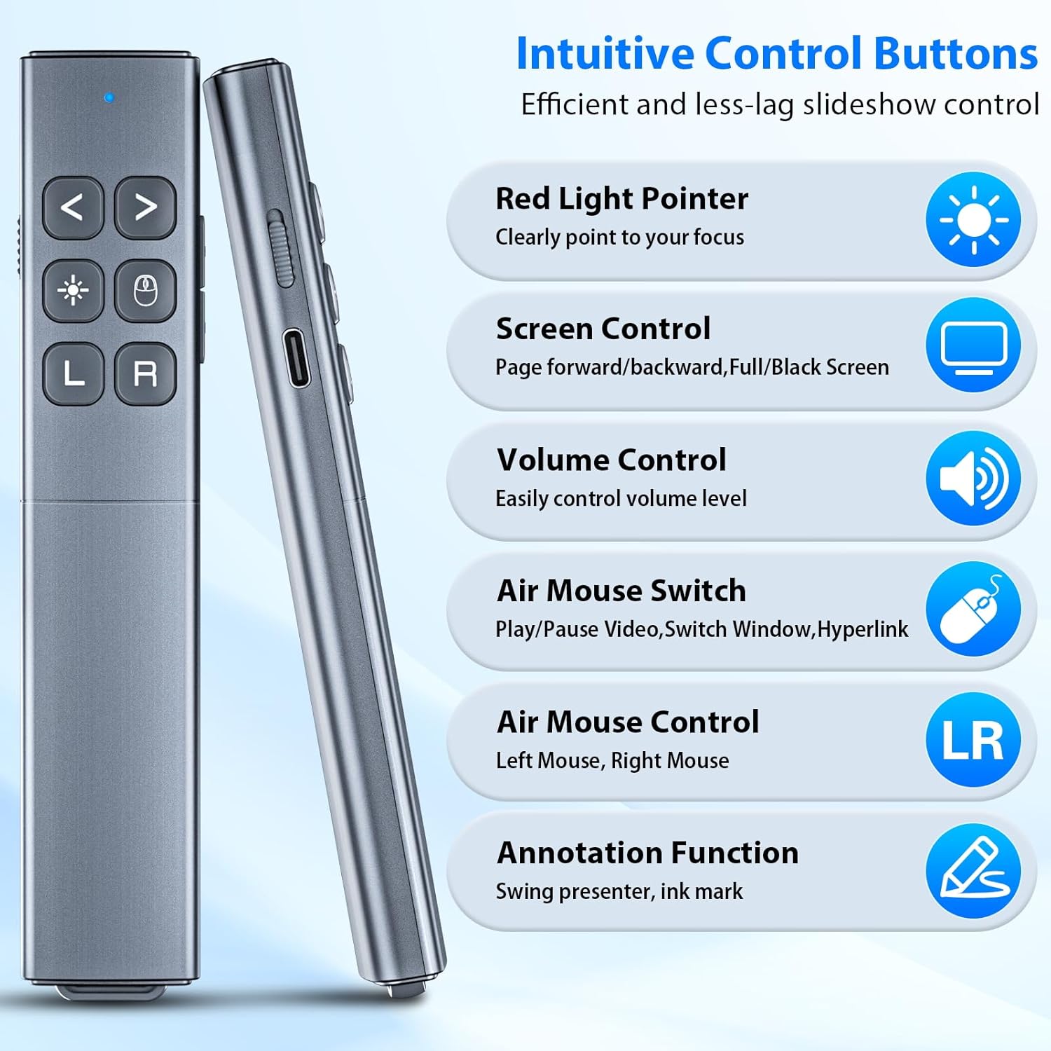 Presentation Clicker with Air Mouse - USB C Wireless Presenter Remote Clicker with Light Pointer, RF 2.4GHz PowerPoint Clicker for Presentation, Computer Pointer Clicker Slide Advancer for Mac,Laptop