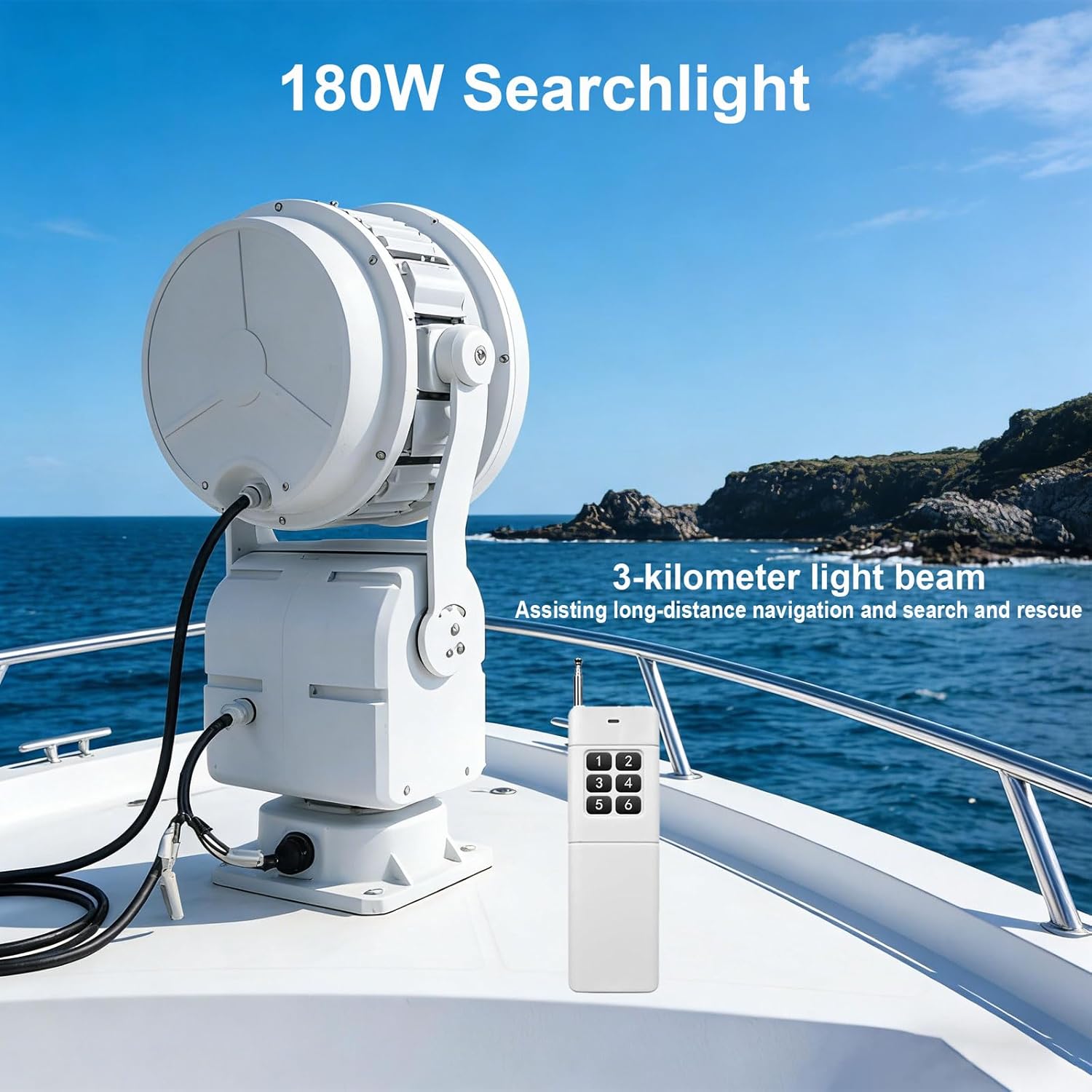 LED Marine Search Light for Boat - 3.6deg Narrow Beam 180W LED Spotlight, IP65 Waterproof, Long Distance Lighting up to 3KM, 100277V, Manual Operation, White, for Light Tower, Vessel