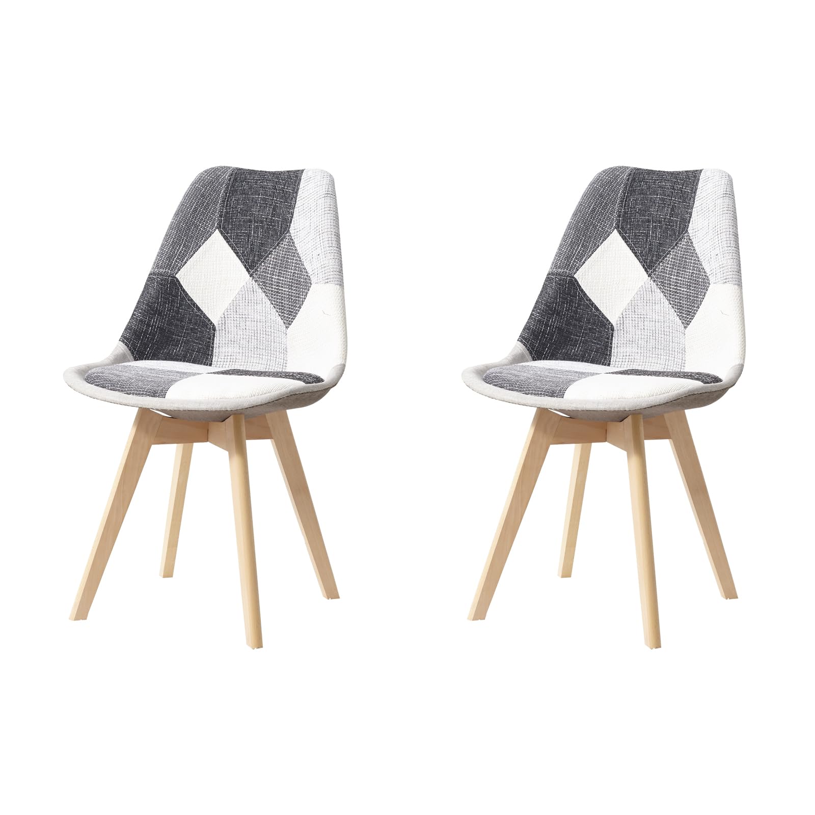 HJhomeheart Set di 2 Sedie da Pranzo in Tessuto Patchwork con Cuscino del Sedile e Gambe in Legno Massello per Sala da Pranzo, Soggiorno, Cucina, ecc. (Grigio Patchwork)