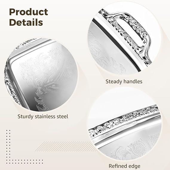 4 Pcs Elegant Rectangular Silver Serving Tray with Patterned Handles, Stainless Steel Floral Metal Plate with Polished Mirror Surface, 15.6 x 9.3 x 0.5 in for Vanity Buffet Wedding Party