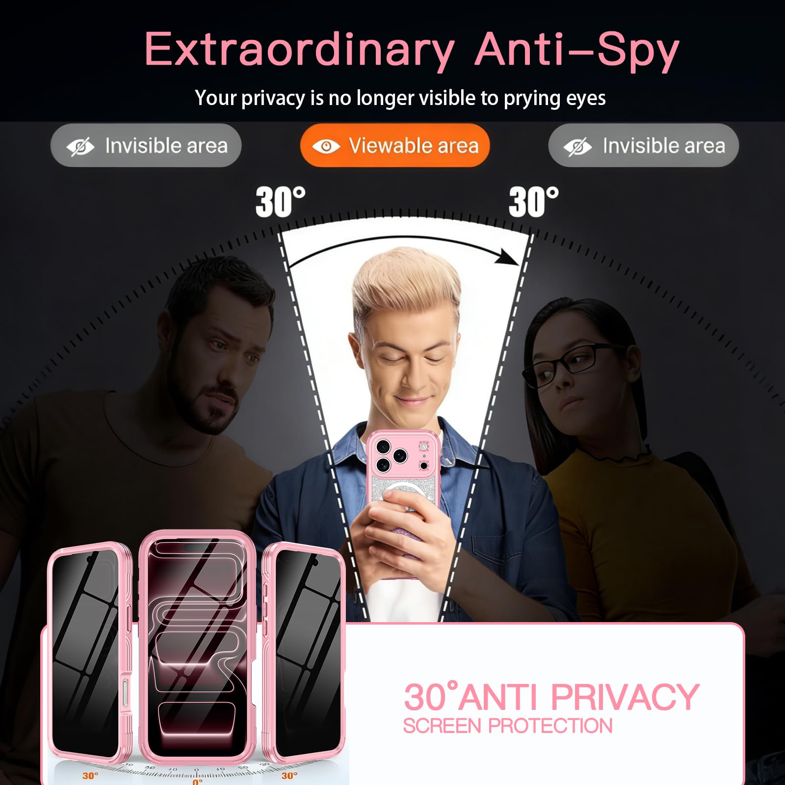 Casetego Custodia magnetica per iPhone 17 Pro, compatibile con MagSafe, protezione per lo schermo privacy integrata, sottile, glitterata, antiurto, custodia protettiva per iPhone 17 Pro, colore rosa