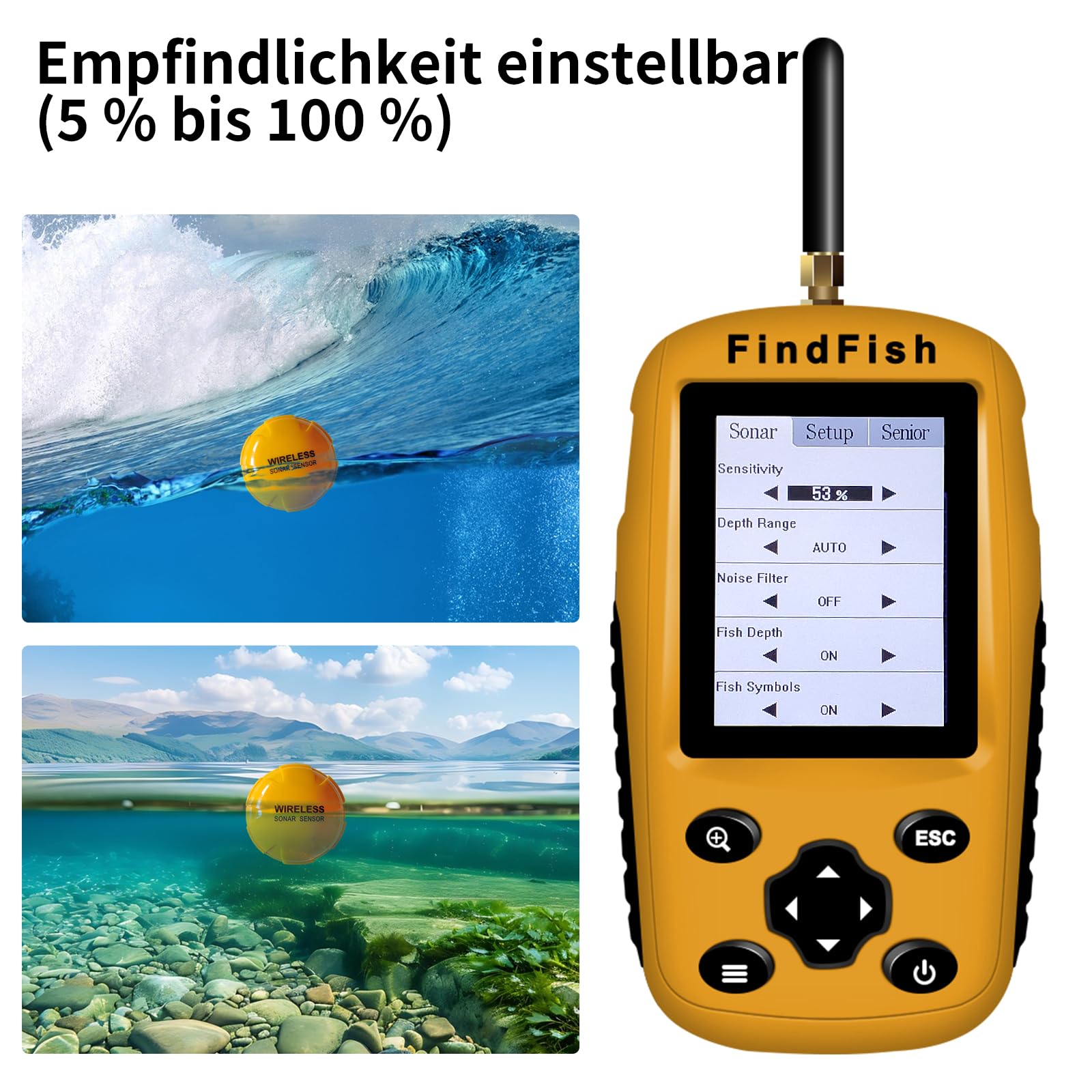 Fischfinder Wireless Fish Finder für Boote, Angeln im Kajak Echolot mit Tiefenmesser, Fischgröße, Wassertemperatur, Bodenkontur, LCD Bildschirm Schwarz/Weiß Modell