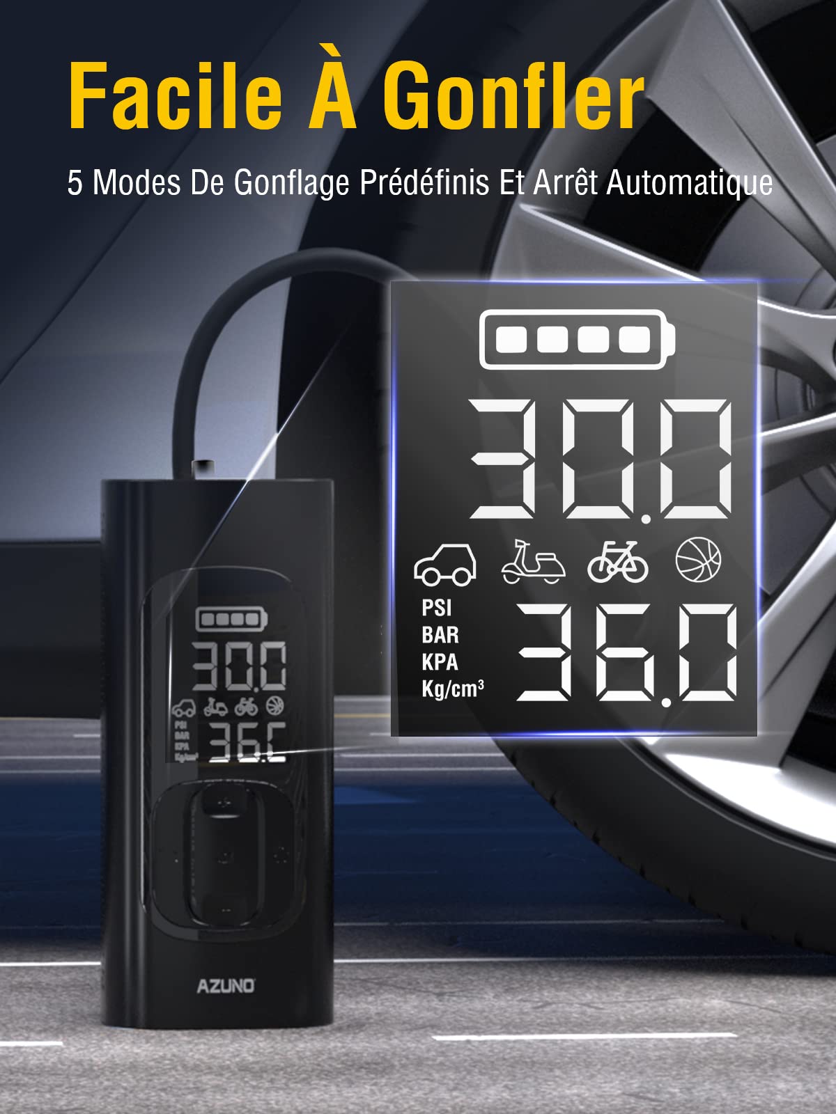 AZUNO Gonfleur Pneus Voiture compresseur à air portatif, Pompe à vélo sans Fil 7800mAh Type-C Charge, Gonfleur d'air électrique 2 Fois Plus Rapide pour Voitures, vélos, balles et Moto