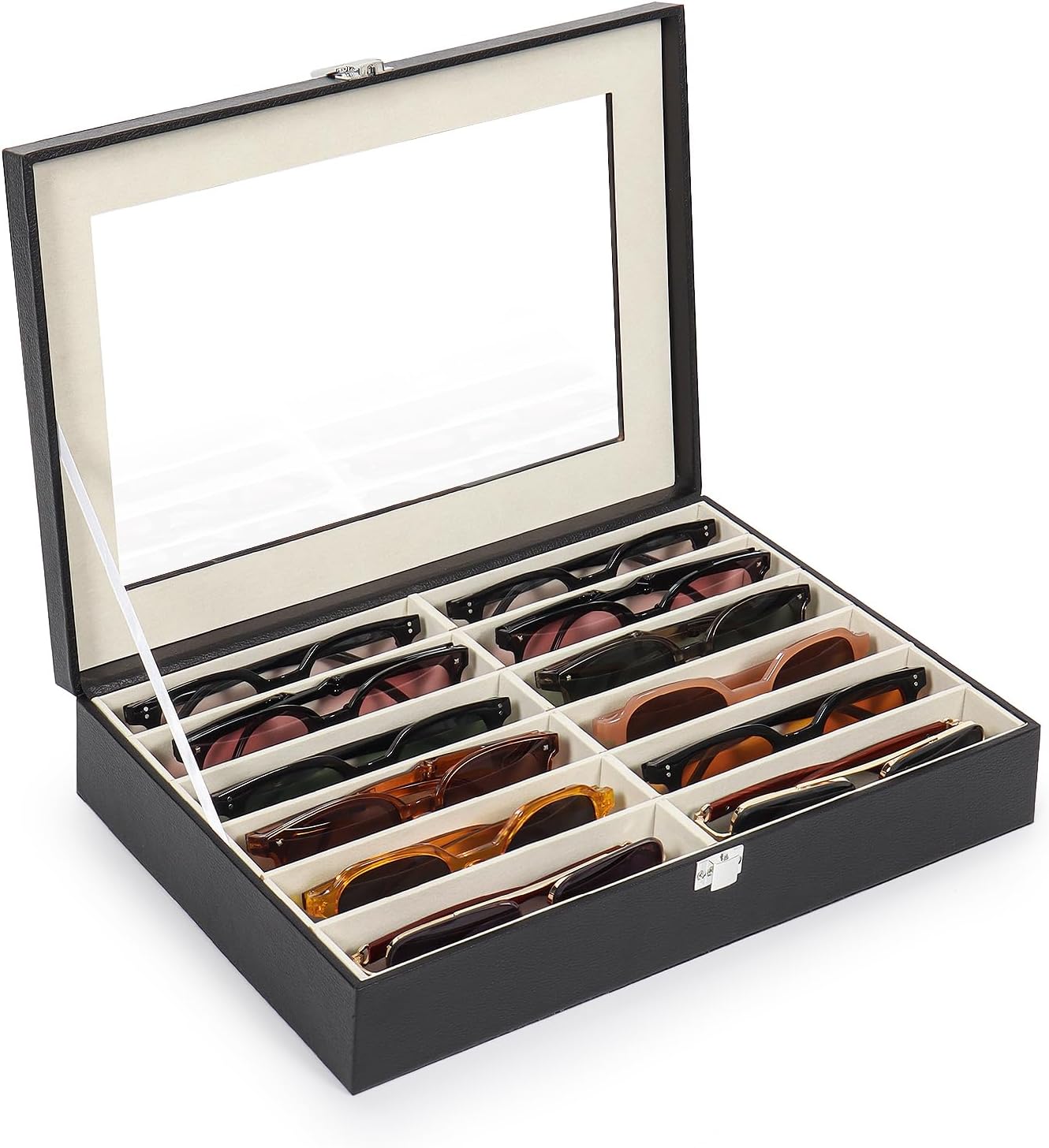 Sunglasses Organizer Case with Adjustable Slots, Eyeglasses Display with Lid, Eyewear Storage Box for Large Glasses