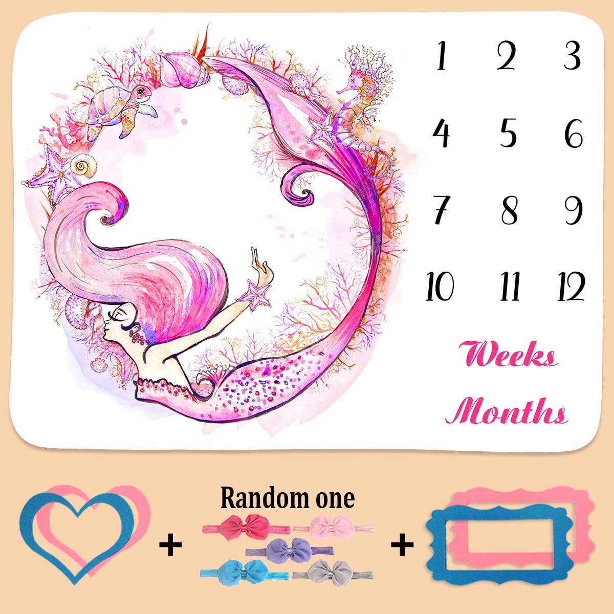BTLSPH783 - Manta mensual de sirena para bebé, estrella de mar, caballito de mar, tortuga, concha, rosa, gráfico de crecimiento para fotos, 48 x 40 pulgadas, recién nacido de 1 a 12 meses con