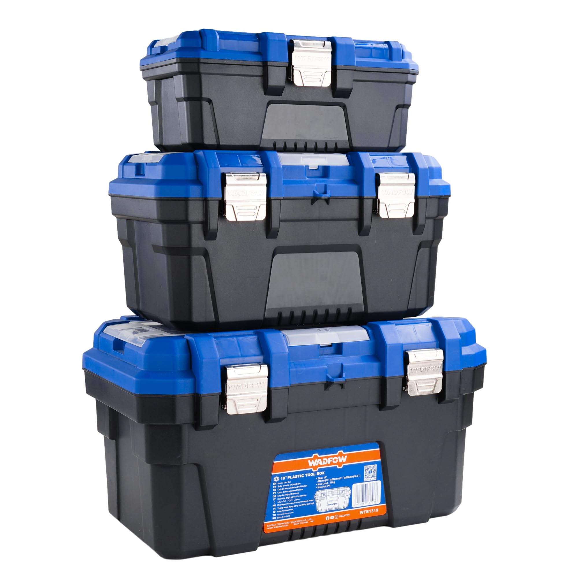 Brigros - Cassette Per Attrezzi Vuote 13"/16"/19", Cassetta Attrezzi Vuota In Plastica Resistente Con Vassoio, Doppia Chiusura, Scatola Portaminuterie Superiore Trasparente (Set da 3, Fibbia Metallo)