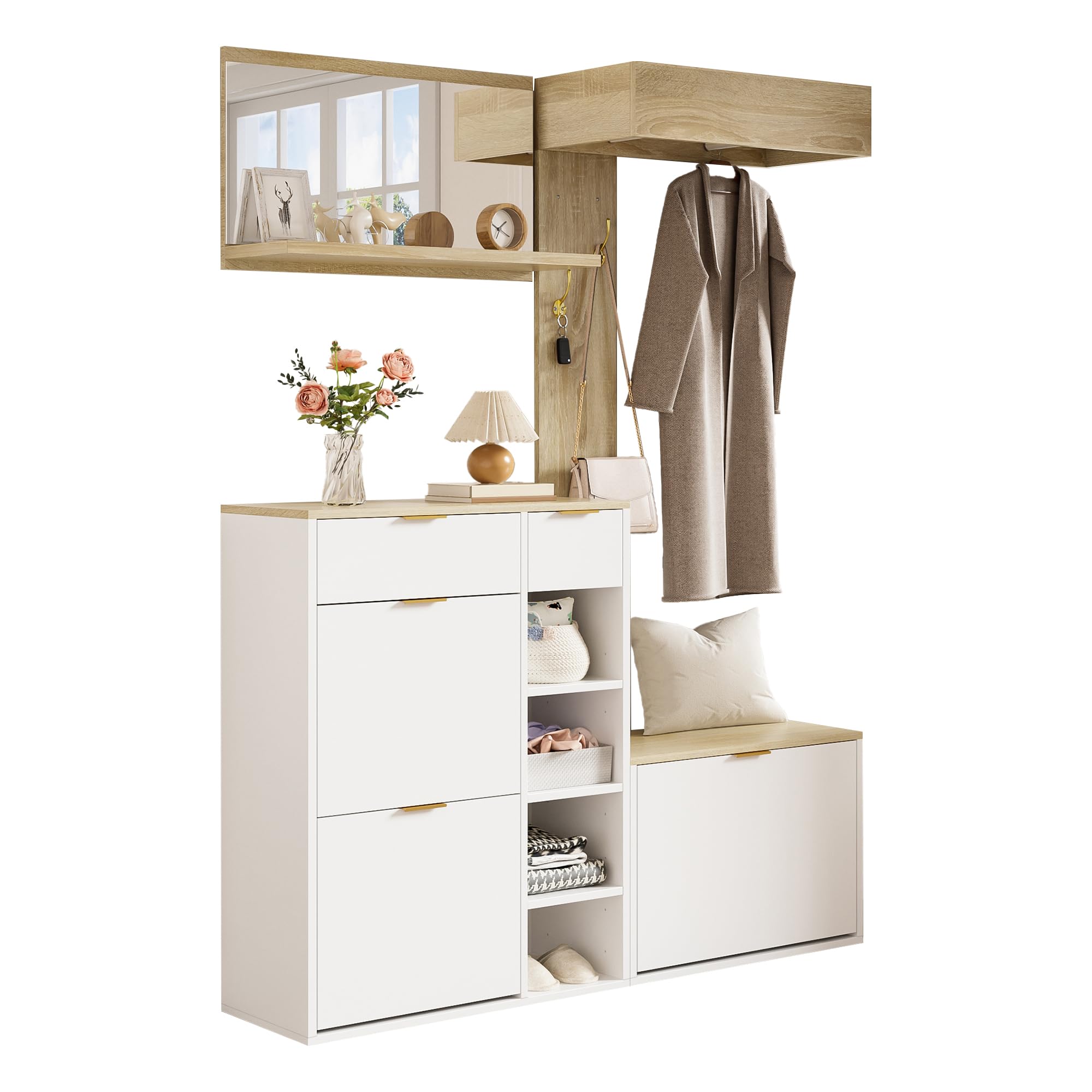 Merax Garderobenset 4-teilig, Garderoben-Komplettprogramm mit Schuhschrank, Sitzbank, Wandspiegel & Wandpaneel mit Ablage, Moderne Flurmöbel für Flur & Diele, 130x30x174 cm, Natur & Weiß