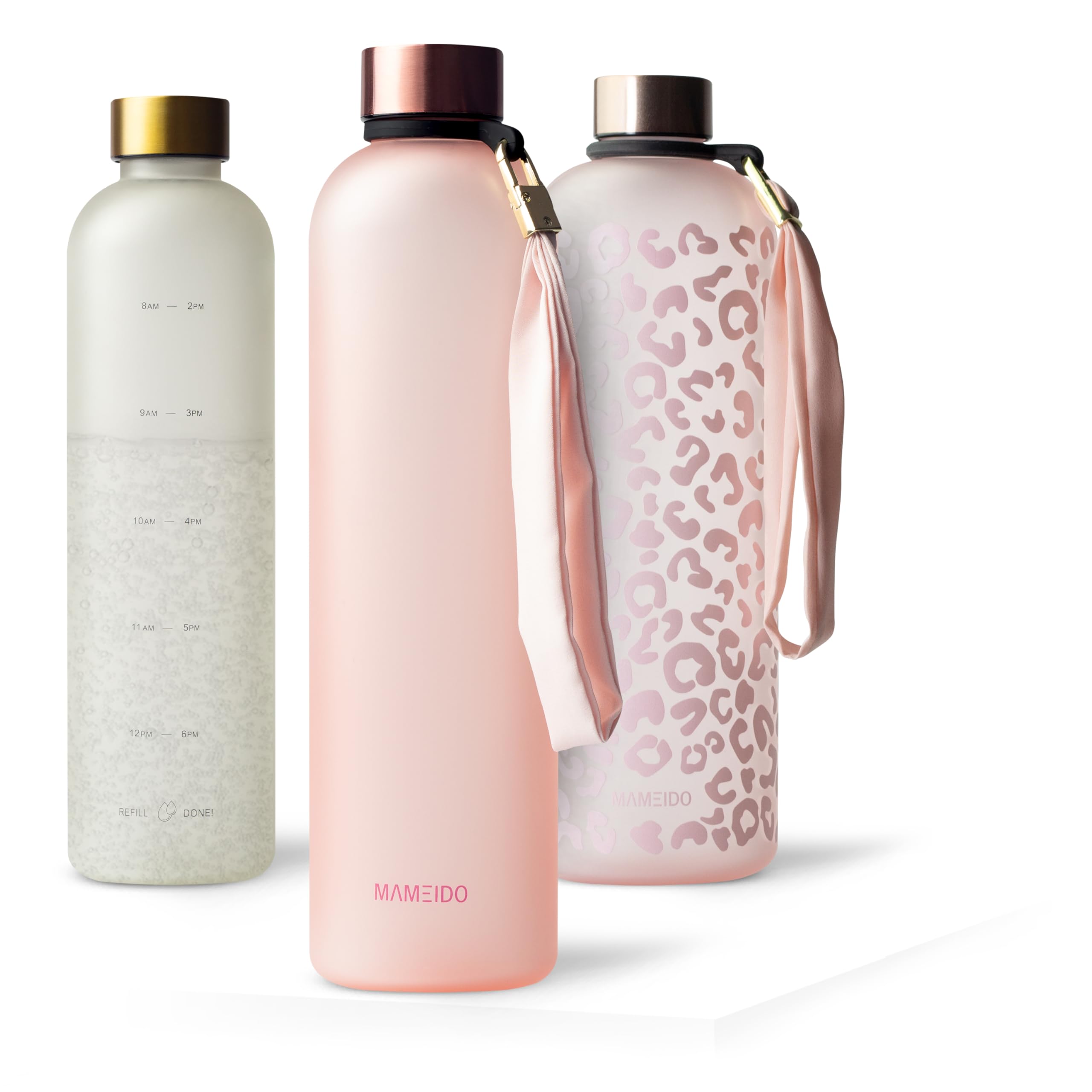 MAMEIDO Bottiglia acqua 1 litro - Borraccia plastica tritan a tenuta stagna, senza BPA - bottiglia motivazionale con orario (Flamingo Pink)