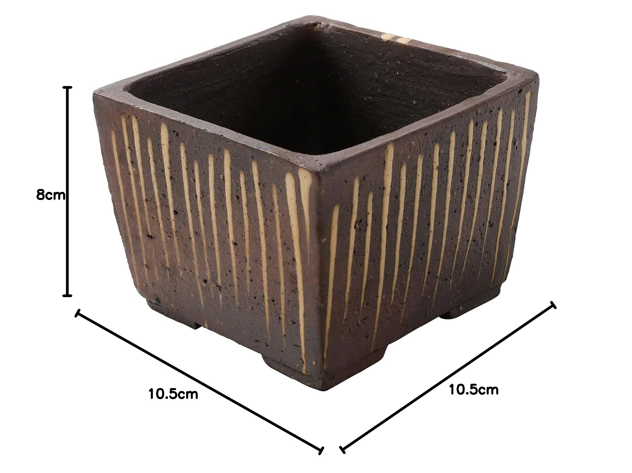 Wazakura Tokoname Serie Bonsai Schale, klein, handgefertigt, gestreift, quadratisch, mit Ablaufloch, 105 mm, hergestellt in Japan, Keramik-Garten-Behälter, Draht-Training, Starter-Topf – Braun