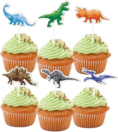 Vista 2 de WERNNSAI 36 decoraciones para tartas de dinosaurio, decoraciones de cumpleaños de dinosaurio, decoración de cupcakes de dinosaurio, decoración