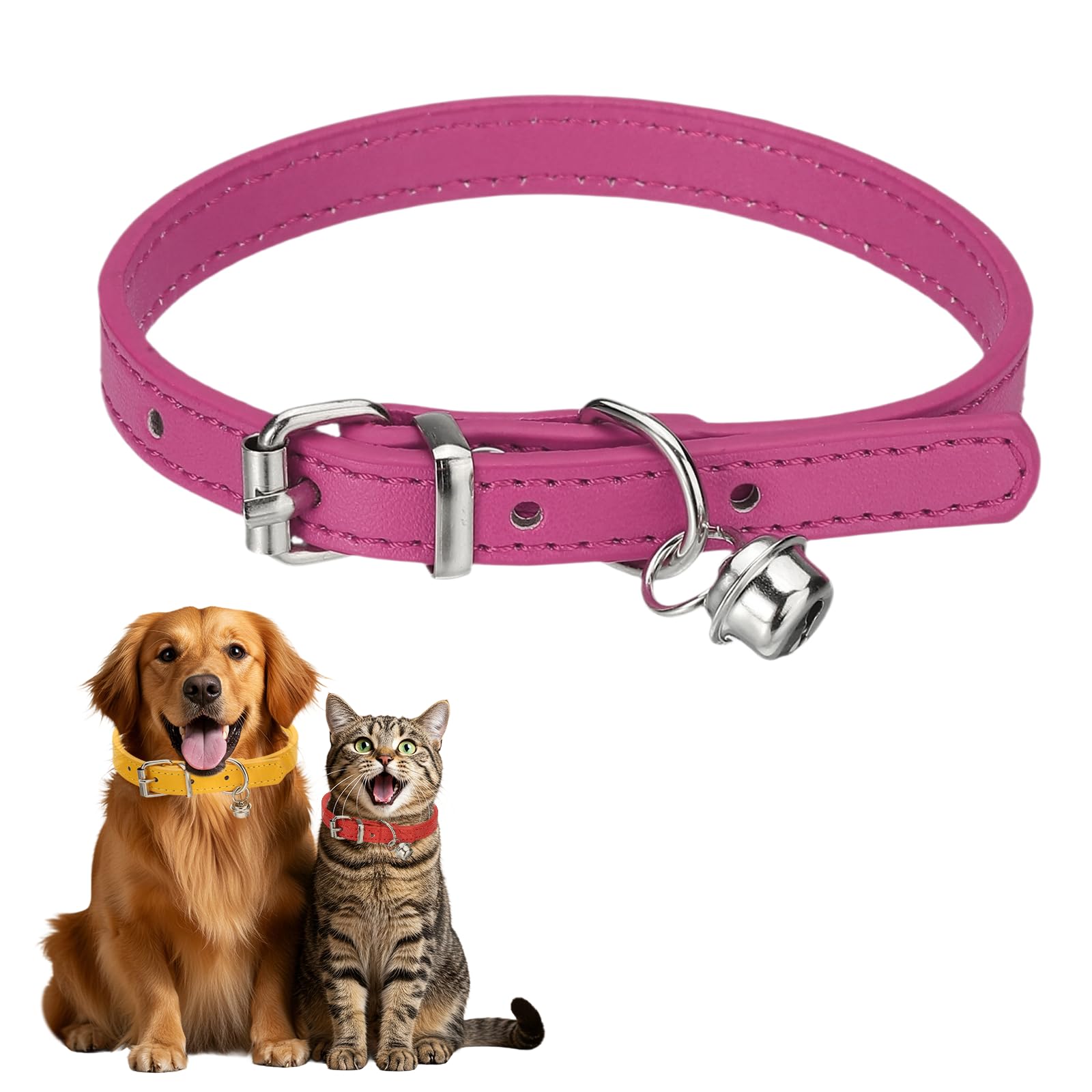 sourcing map Dog Collar with Bell, Pu Leather Cat Collars Pet Basic Soft Padded Adjustable Buckle, 12" (Hot Pink, 1 Pcs), Intended for Teacup/Little Dog/Kitten Cats/Small Animals
