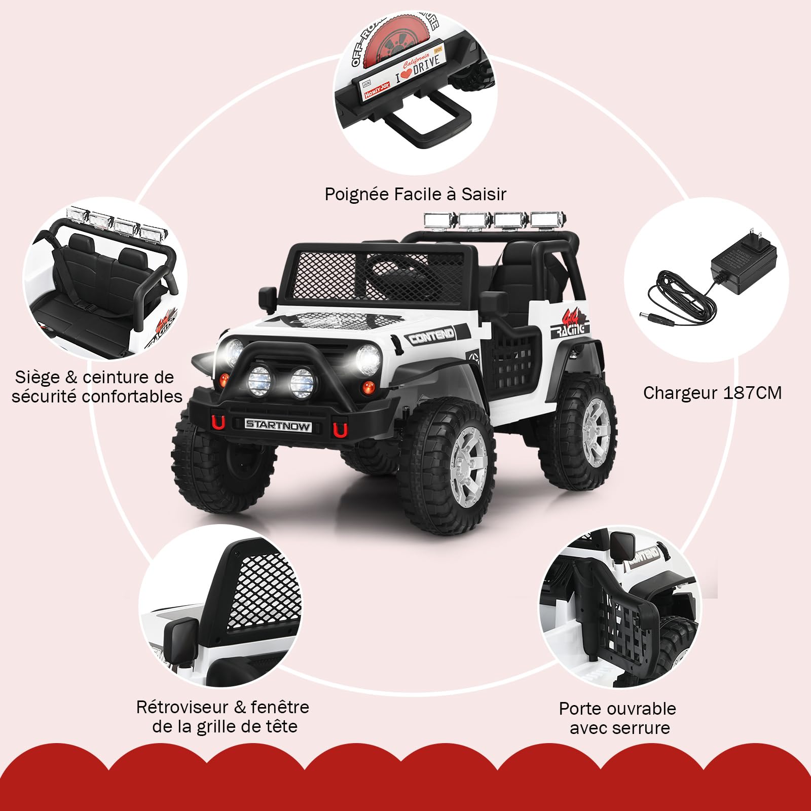 GOPLUS 12 V Voiture Electrique Enfant 2 Places avec Télécommande 2,4 G,Quad 4x4 Electrique Enfants avec LED, Musique Klaxon, MP3, 2 Vitesses 1,6-8 km/h,Charge 50KG, pour Enfant 3 Ans+ (Blanc)