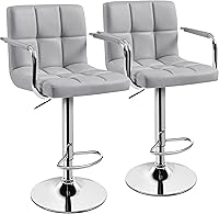 Yaheetech Adjustable Swivel Bar Stools Set of 2 - PU Leather Counter Height Barstools with Arms, Backrest & Footrest, Light Grey, 331lb Capacity