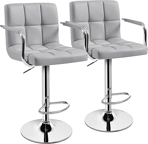 Miniatura 22 de Yaheetech Juego de 4 taburetes de bar, taburetes de bar ajustables de piel sintética con reposabrazos, sillas de altura de mostrador con cojín de