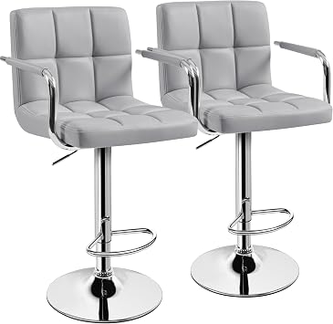Yaheetech Bar Stools Set of 2, PU Leather Adjustable Swivel Barstools, Hydraulic Kitchen Counter Height Bar Chairs with Armrest and Back for Kitchen, Dining Room, Light Grey