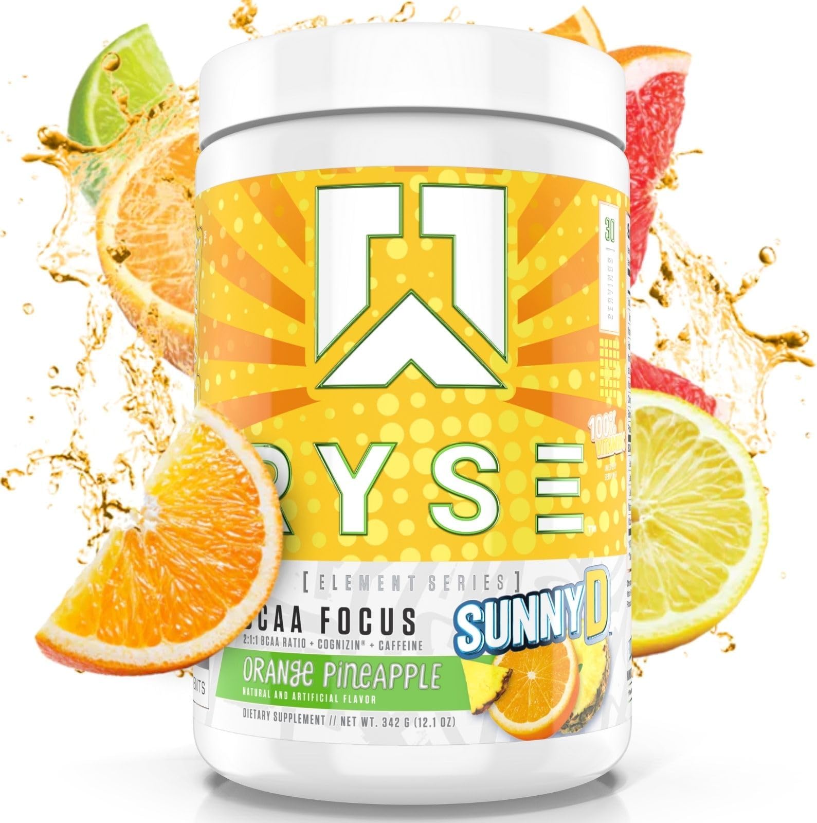Ryse BCAA Focus Powder - SunnyD Orange Pineapple - BCAA Supplement with Electrolytes, Natural Caffeine & Cognizin Supports for Hydration, Recovery, Energy, and Focus for Men & Women - 30 Servings