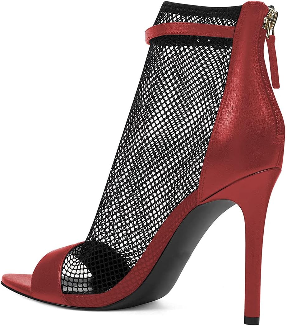 YDN Women Open Toe Stiletto High Heel Mesh Boots Ankle Strap Booties Pumps with Back Zipper