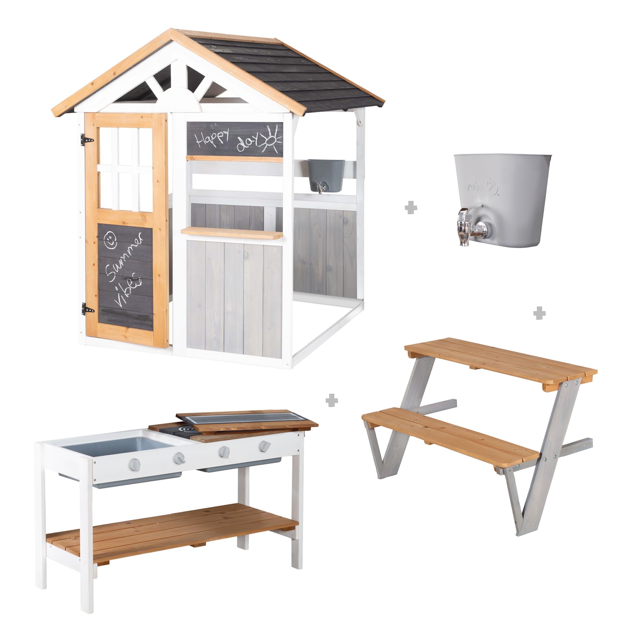 roba Garten Spielhaus aus Holz - Inkl. Spielküche mit Kochfeldern + Picknick-Tisch & Bank für Kinder - Wetterfestes Kinderspielhaus mit Verkaufsstand - Mehrfarbig