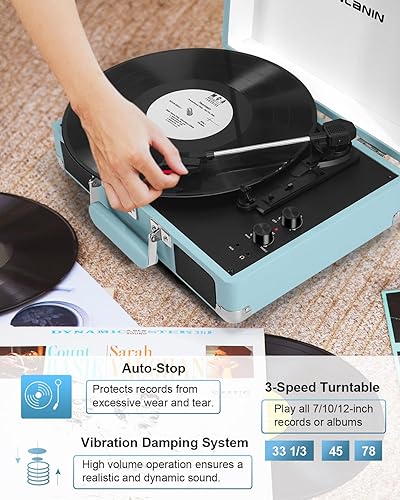 Miniatura 6 de Tocadiscos de maleta Bluetooth con altavoces integrados, control de graves y agudos, tocadiscos de 3 velocidades con parada automática, salida RCA y