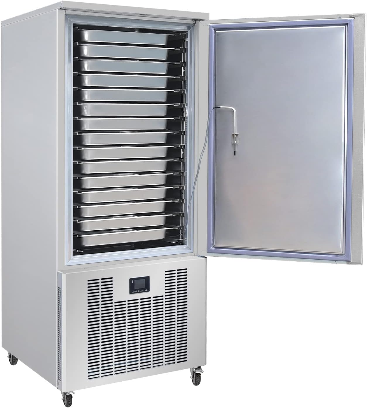 Interior view of the blast chiller with multiple empty trays