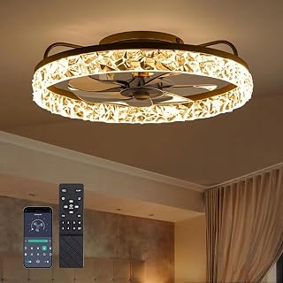 DIAMONDFORGE Ceiling Fans with Lights and Remote Fandelier - Low Profile Modern - 20'' Flush Mount Ceiling Fans for Bedroom,Stepless Color Temperature and 6 Speeds- Black and Crystal