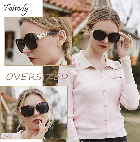 Miniatura 2 de FEISEDY Gafas de sol de moda para mujer, marco cuadrado de gran tamaño con perlas brillantes, protección UV polarizada B2821