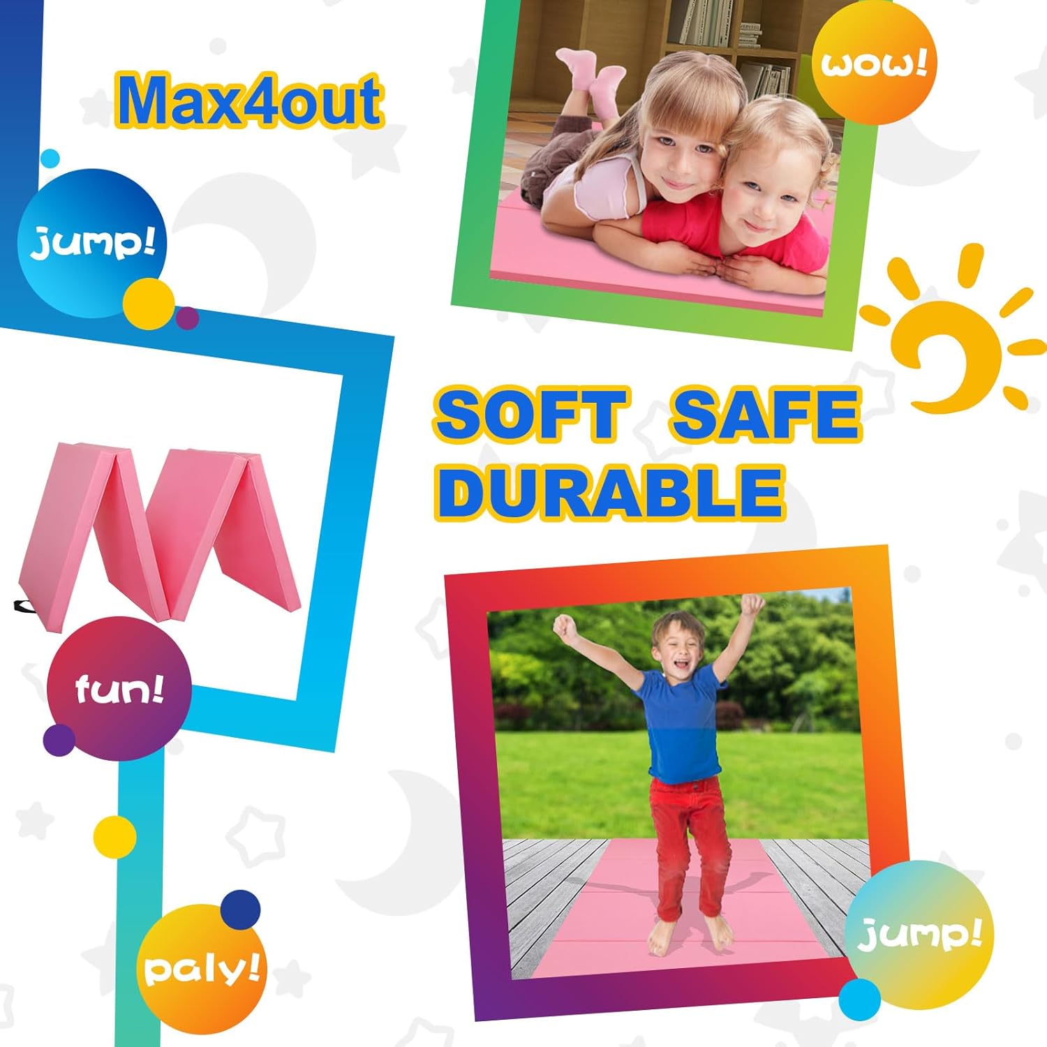 Max4out 6/8/10' Foldable Gymnastics Gym with Carrying Handles, Exercise Aerobics Mat for Kids Adult,Tumbling Mat for Stretching Fitness Mat for Home Workout