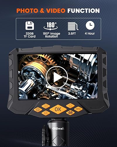 Miniatura 6 de Oiiwak Boroscopio articulado bidireccional de pantalla de 5 pulgadas, cámara de inspección industrial de doble lente de 0.33 pulgadas con cámara de