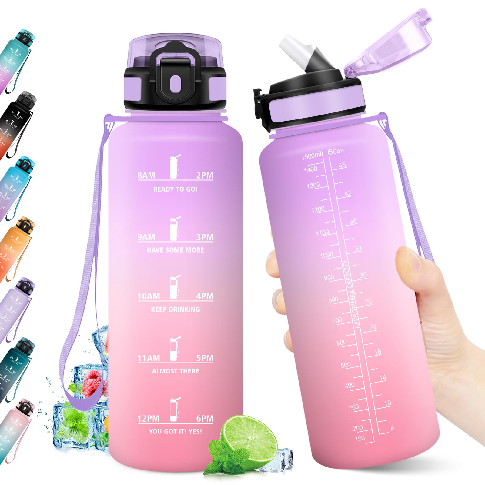 Borraccia 1.5L, Bottiglia Palestra con Indicatore del Tempo, Bottiglia Acqua Riutilizzabile con Cannuccia, senza BPA, A Prova di Perdite, per Fitness, Studenti, Ufficio, Alpinismo, Picnic, Ciclismo