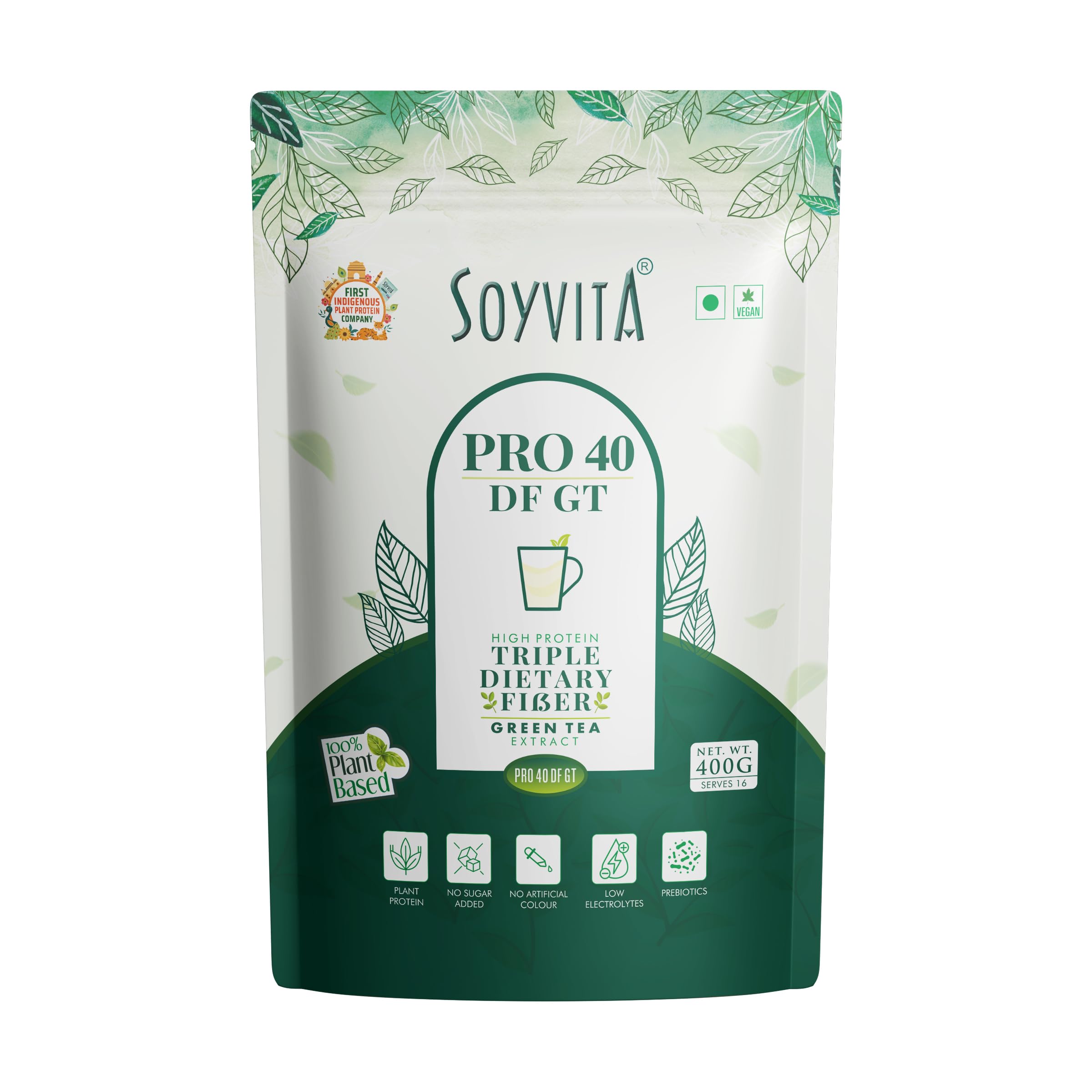 soyvita – pro 40 df gt | high protein | triple prebiotic fiber combination | no sugar | green tea extract | low electrolyte | 400 gms