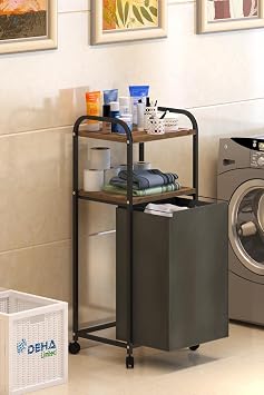 2 RAFLI FRENLİ TEKERLEKLİ ÇAMAŞIR SEPETİ BANYO DOLABI KİRLİ SEPETLİ BANYO DÜZENLEYİCİ ÇAMAŞIRLIK Kahnanerengi, Dehalimited