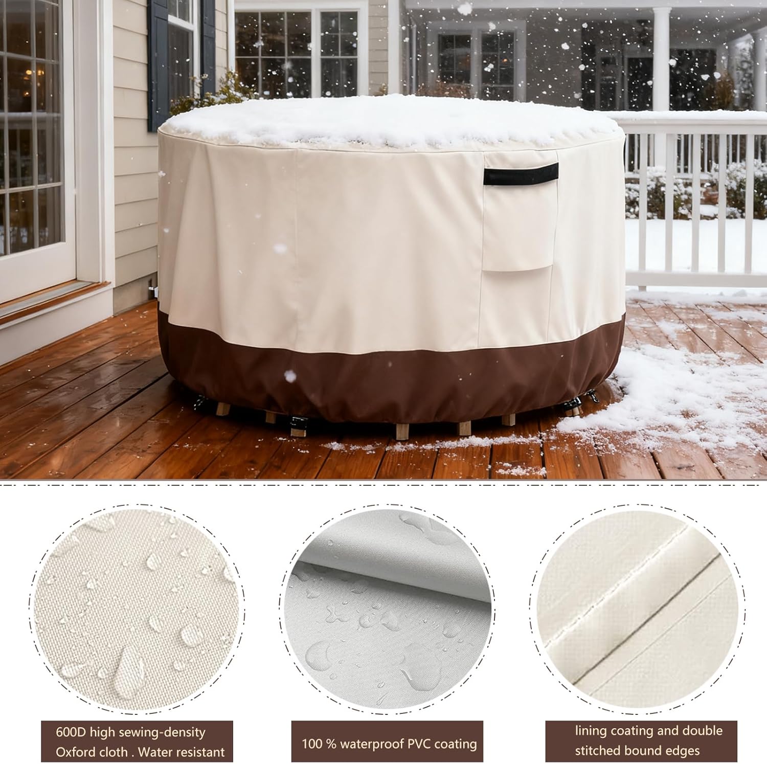 Outdoor Round Table Cover Waterproof Patio Furniture Covers,Patio Round Table Chair Set Covers - 54" Dia x 34" H (Beige & Brown)