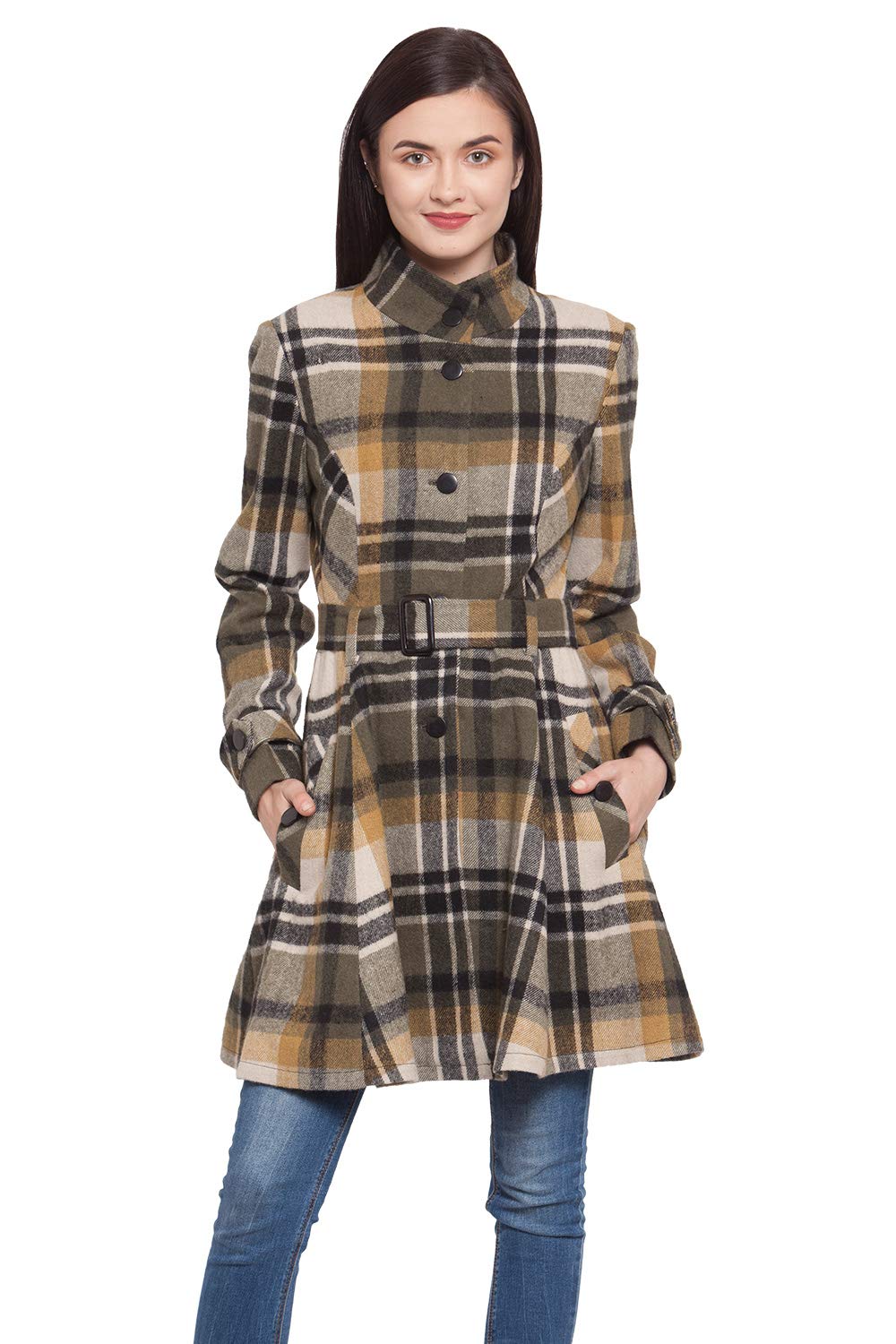 Women's Olive Checkered Woolen Coat-image-7