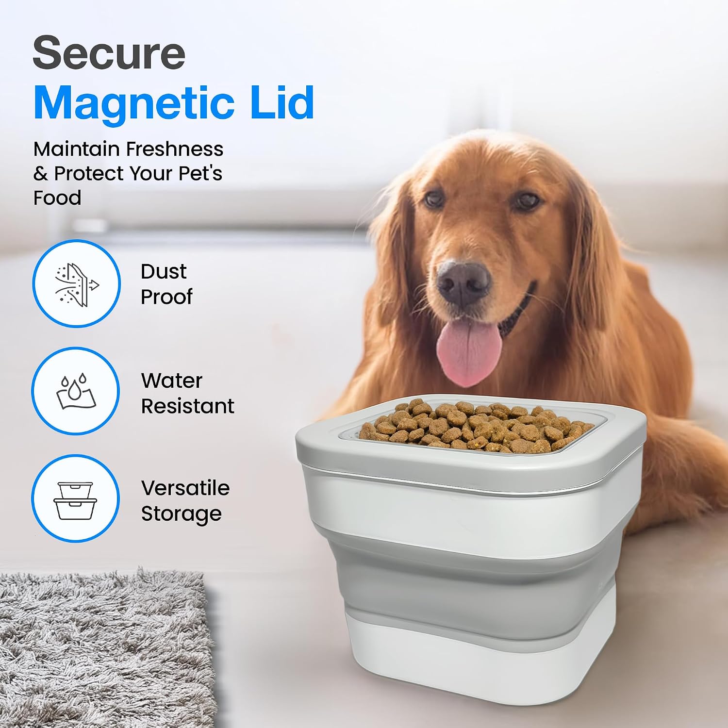 10-15 Lbs Collapsible Airtight Dog Food Storage Bin with Magnetic Lid, Silicone Bowl & Measuring Scoop, Space-Saving for Dogs/Cats – Best for Travel & Home