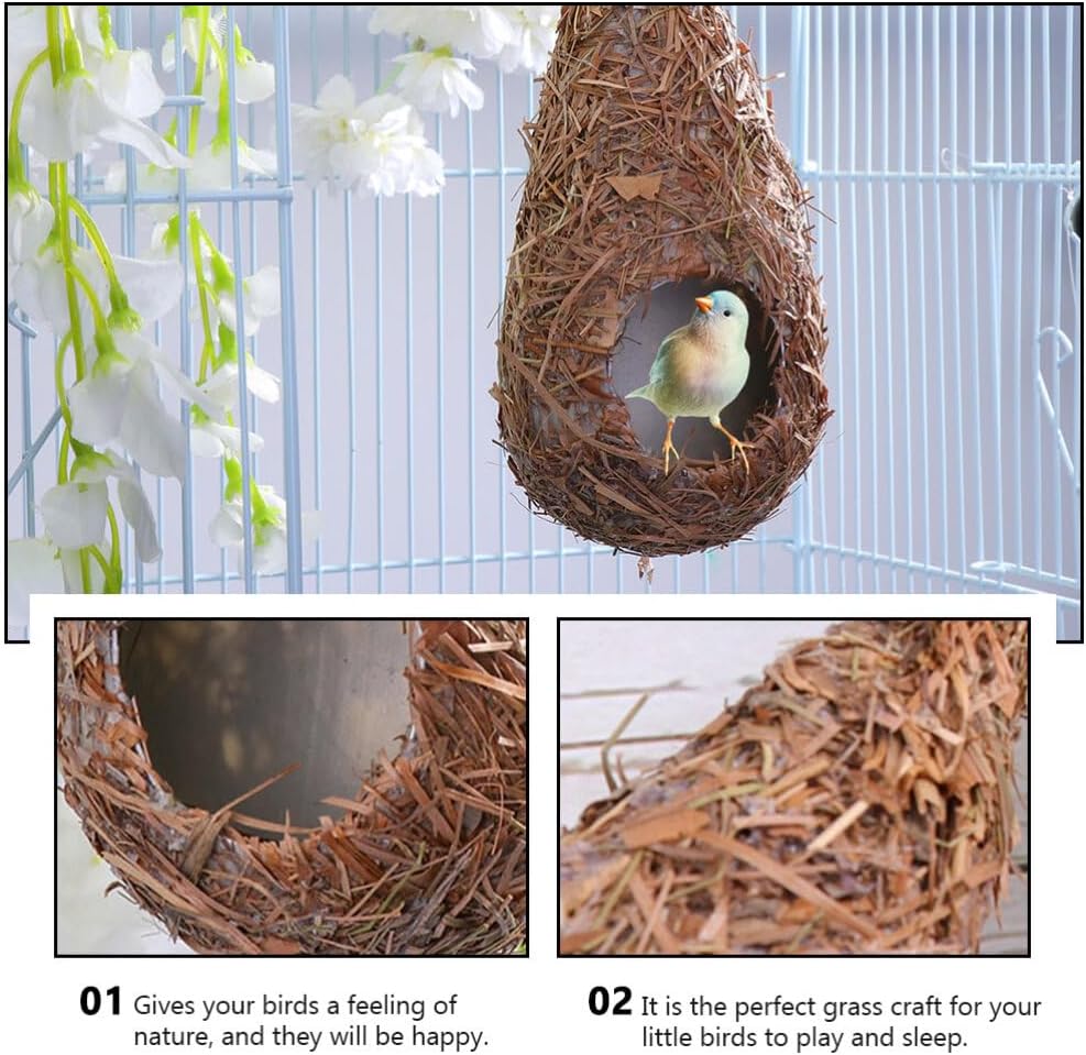 POPETPOP 4 Pcs Hanging Grass-Woven Simulated Bird Nests 9.05X2.75X3.14In Natural Straw Craft for Outdoor Garden Patio Birdhouses and Bird Decorations