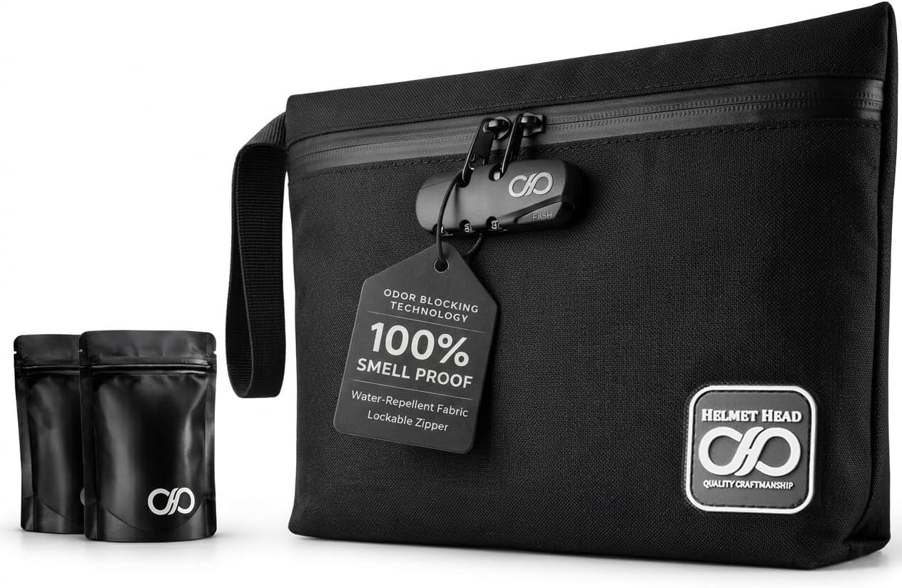 HELMET HEAD Smell Proof Bag with Combination Lock | Lockable Stash Box, Travel Medicine Bag & Herb Keeper | Includes Mylar Bags & Pouches | Odor Control Storage (Black)