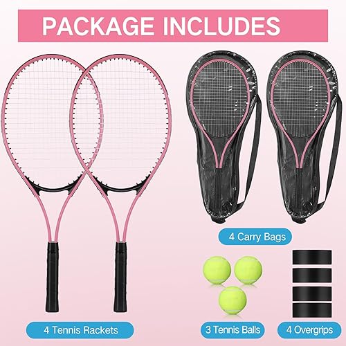 Miniatura 2 de 4 raquetas de tenis para adultos recreativas para 4 jugadores, raqueta de tenis ligera de 27 pulgadas con 3 pelotas de tenis para entrenar