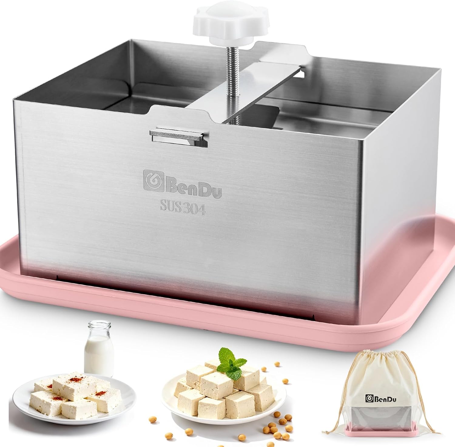 Tofu Press Stainless Steel, Paneer Maker with Tofu Press Cloth and Drip Tray, Improves Tofu Flavor and Texture, for Homemade Tofu, Paneer Press and Cheese Press, Multi-Functional Kitchen Tool（Pink）
